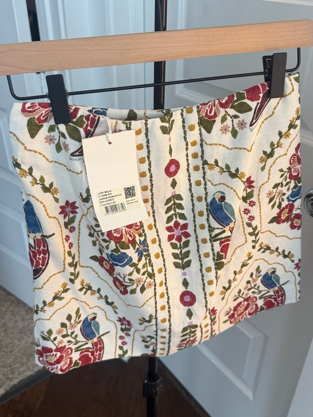 Sezane x FARM RIO Malia White Mini Skirt with Multicolor Floral & Bird Print US2
